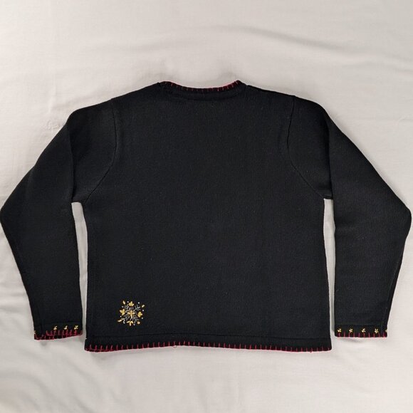VTG Black Chunky Knit Holiday Wreath Teddy Bears Bow Snow Embroidered Sweater - Picture 3 of 6